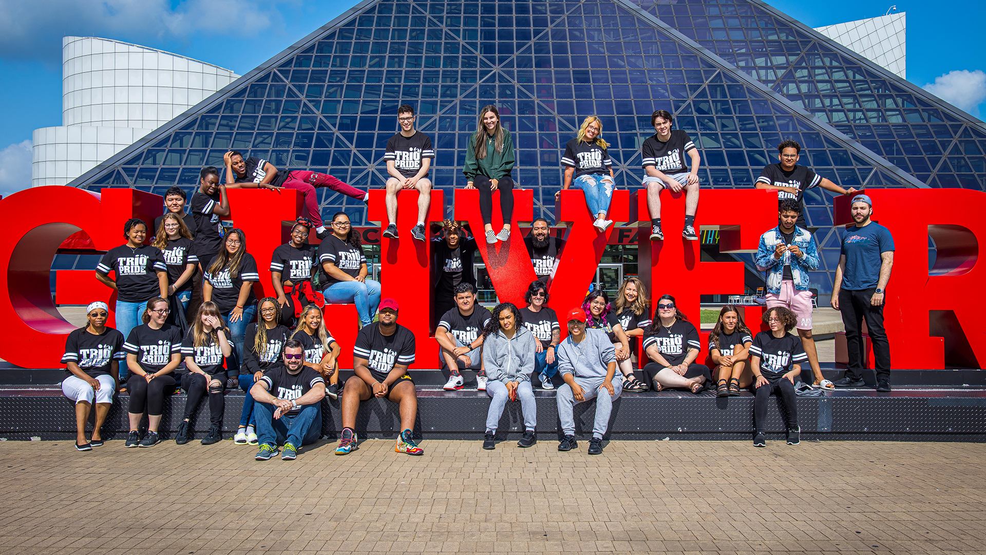 TRIO students posing for photo outside of the Rock and Roll Hall of Fame