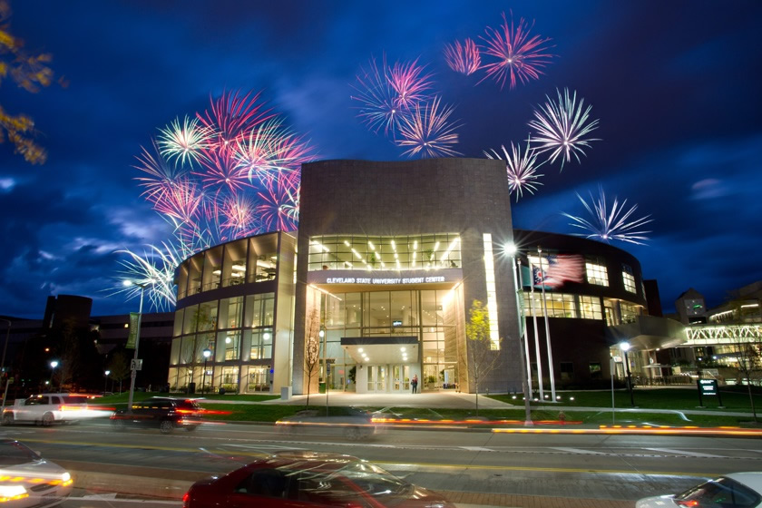 Student Union with fireworks